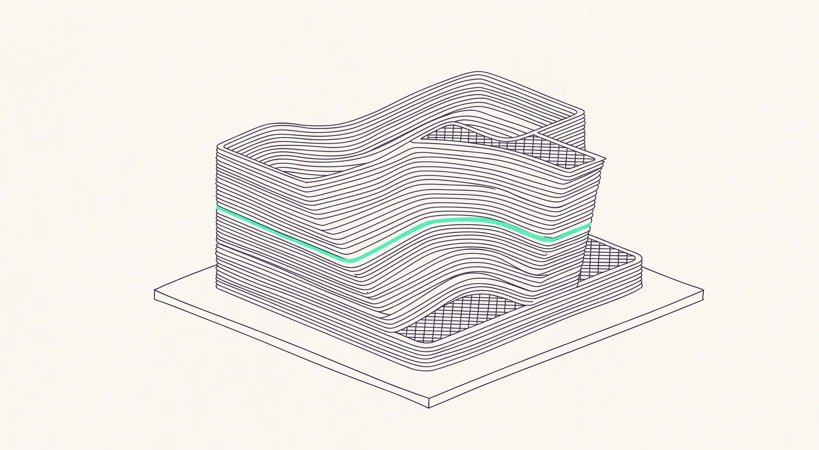 Line-art sketch of 3D printing layers and a build plate
