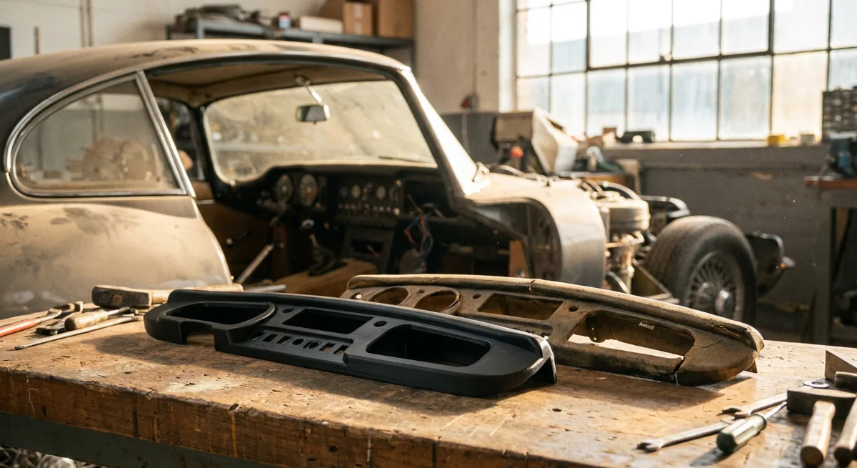 A classic sports car mid-restoration in a workshop, with a 3D printed matte-black centre console trim on the bench in front of it