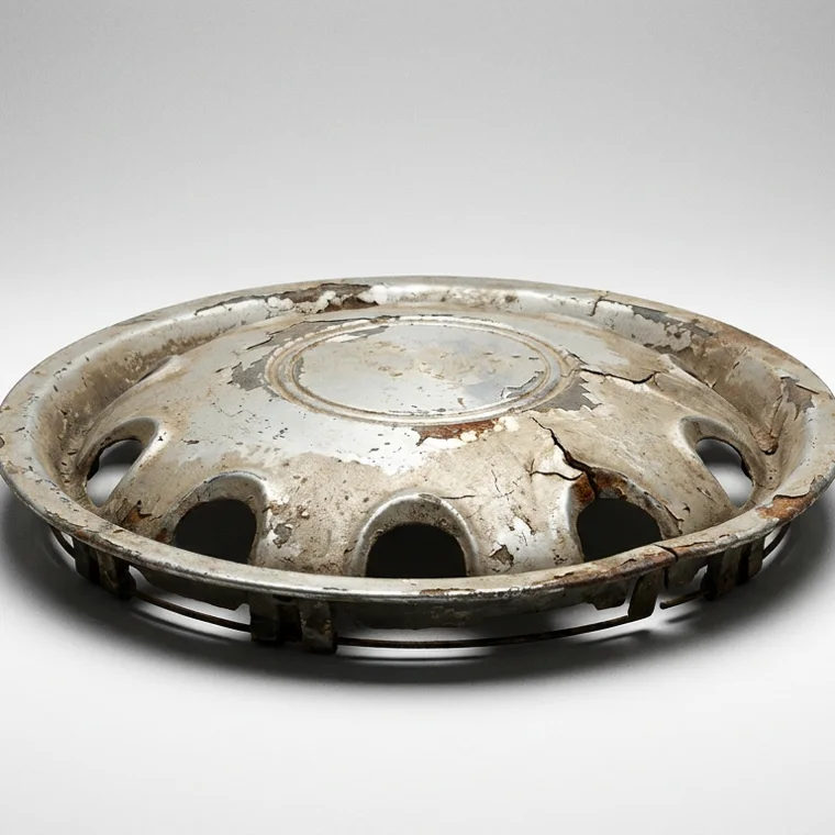 Weathered pitted and cracked original chrome wheel centre cap on a studio background