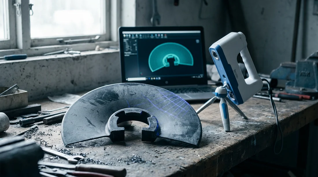 Illustration of a workshop laptop showing a teal point cloud scan of a curved moulded panel, with the real panel on the bench behind