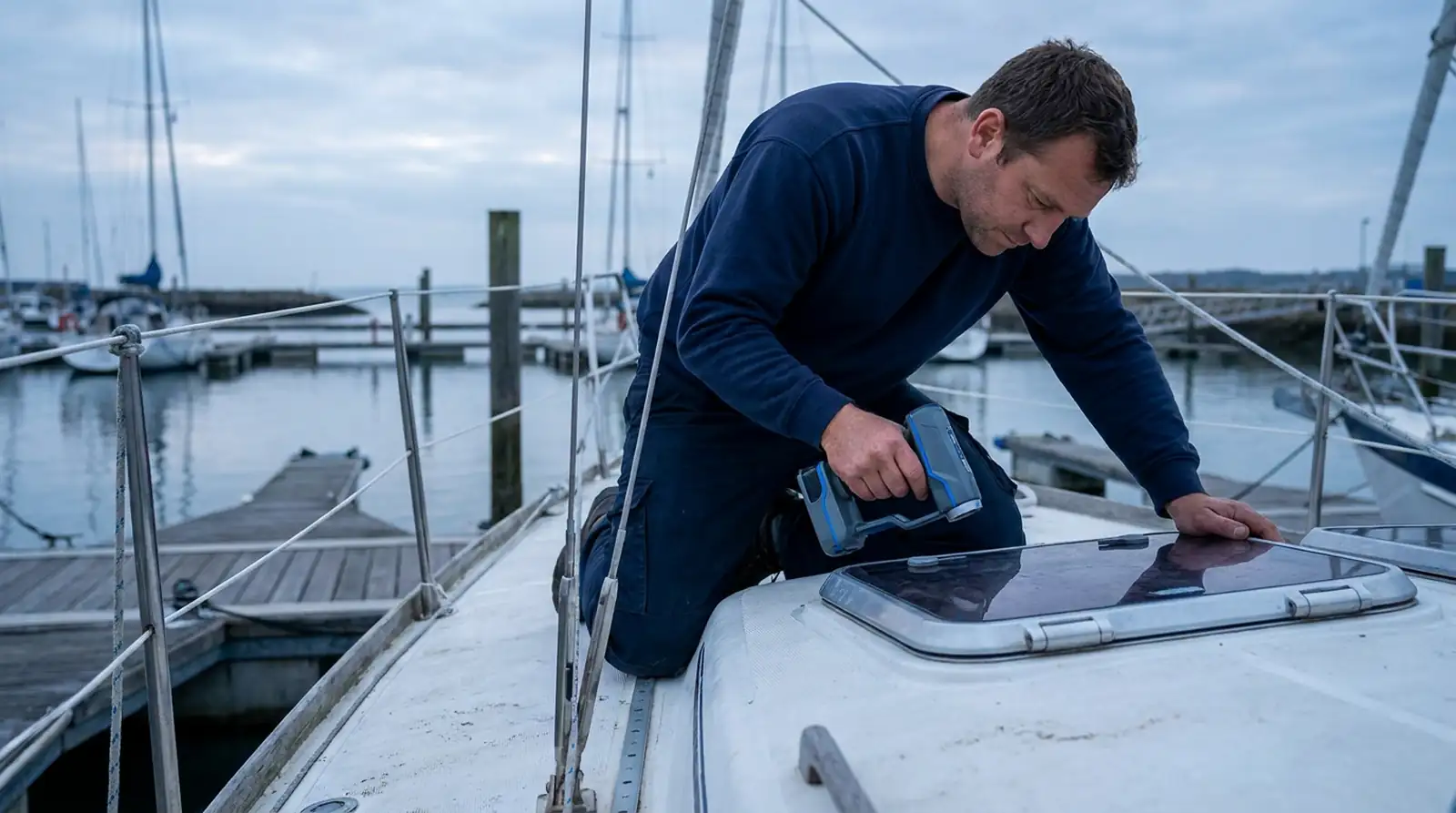 Illustration of a marine engineer using a handheld 3D scanner on the deck hatch surround of a moored yacht, harbour and pontoons behind