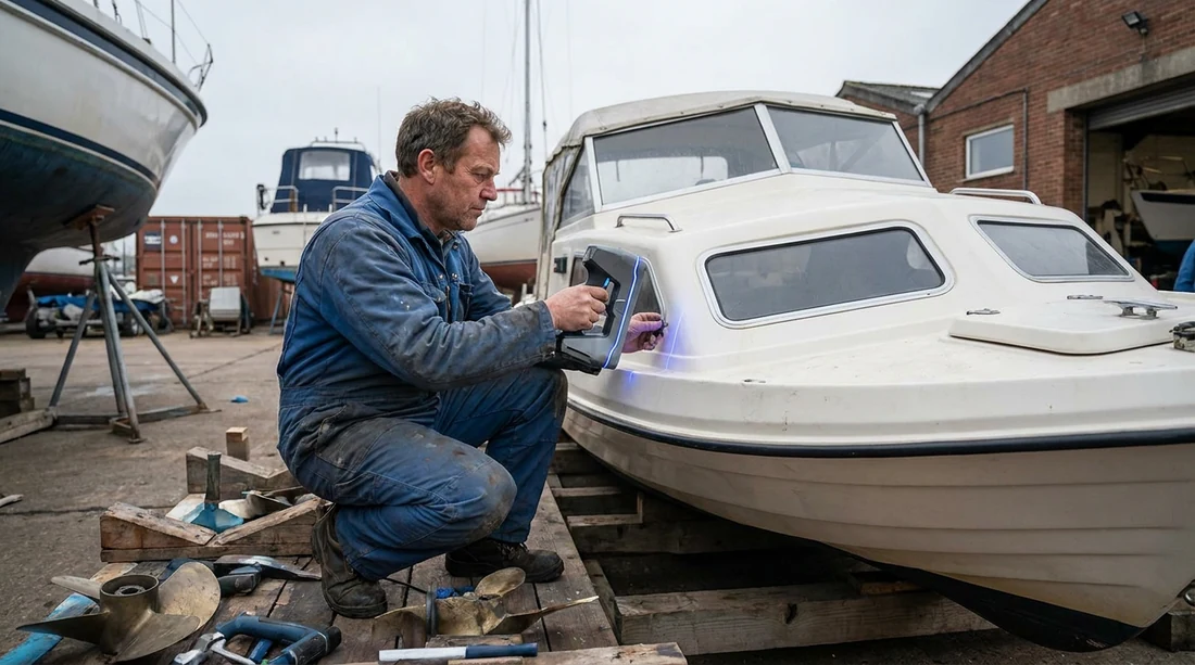 Illustration of an engineer scanning the moulded side of a small boat standing ashore on blocks in a boatyard, propellers and tools on the ground