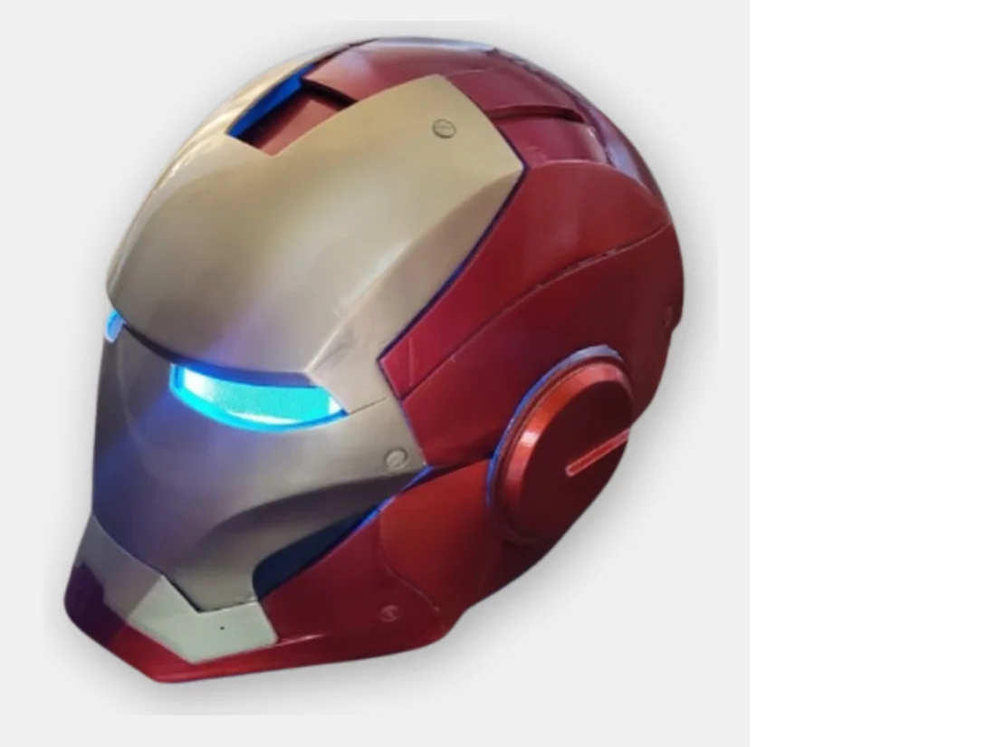 3D-printed Iron Man helmet replica, panel-printed and finished in red and gold with illuminated eye slits, built by 3D Printing Express