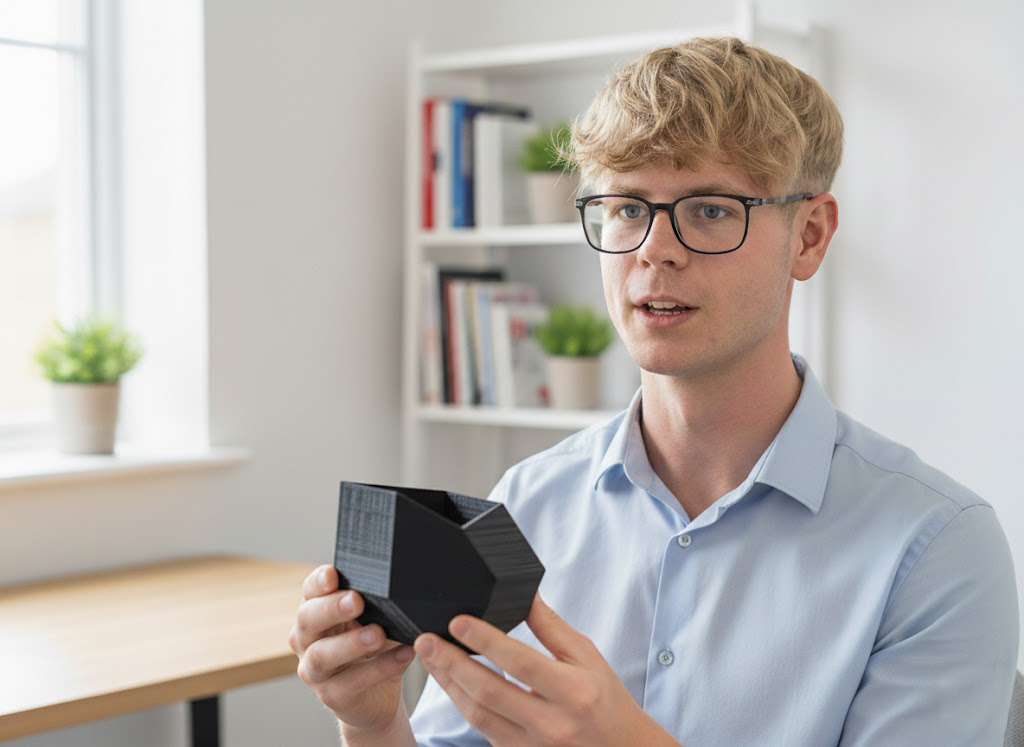 3DPE engineer reviewing a parametric CAD model on screen with a 3D-printed part in hand