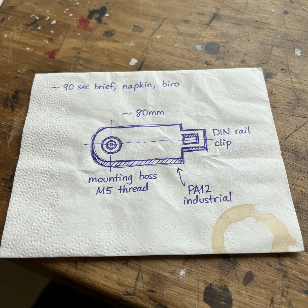 Napkin sketch of a small industrial bracket in blue biro, with handwritten dimensions ~80mm, mounting boss M5 thread, DIN rail clip — on a workshop bench