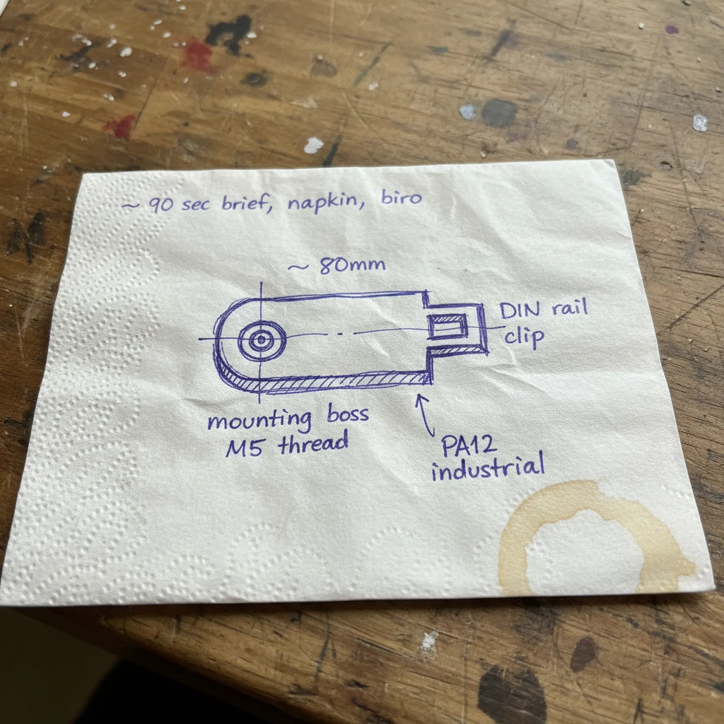 Napkin sketch of a small industrial bracket in blue biro, with handwritten dimensions ~80mm, mounting boss M5 thread, DIN rail clip, PA12 industrial, on a workshop bench beside a coffee stain ring