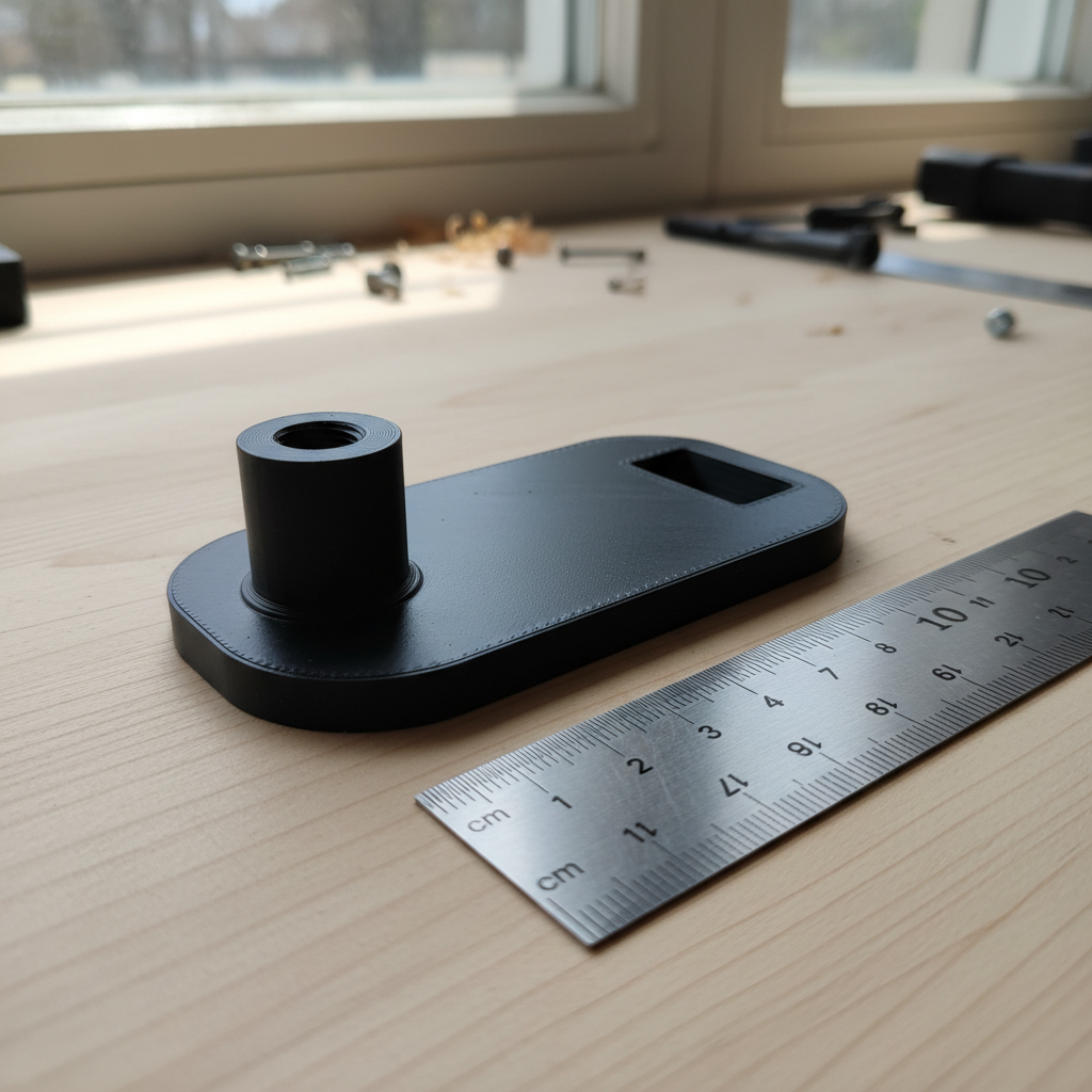 iPhone photograph of the matte black 3D-printed PA12 prototype bracket on a wooden workshop bench with a steel ruler for scale