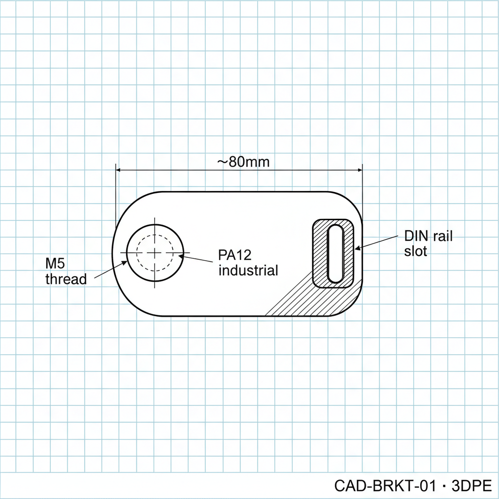 Formal 2D engineering blueprint of the industrial bracket showing the 80mm dimension, M5 threaded mounting boss, DIN-rail slot, PA12 industrial material callout, title block CAD-BRKT-01