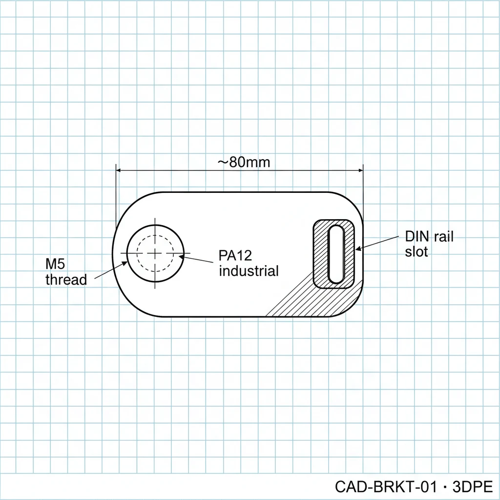 Formal 2D engineering blueprint of the industrial bracket showing the 80mm dimension, M5 threaded mounting boss, DIN-rail slot, PA12 industrial material callout, title block CAD-BRKT-01