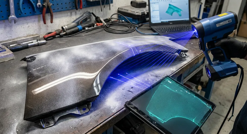 Illustration of a glossy car panel dusted with matt scanning spray being captured by a blue-laser scanner
