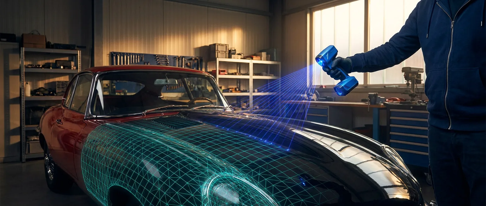 Illustration of a handheld blue-laser 3D scanner capturing the shiny bonnet of a classic car in a workshop