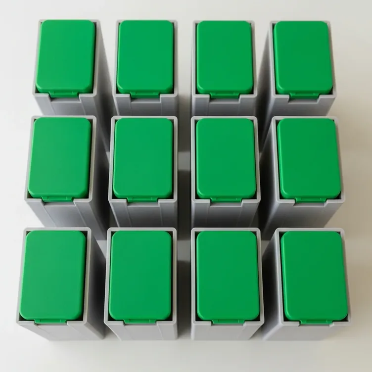 Durable batch of 3D-printed grey bins with bright green lids — repeat production order