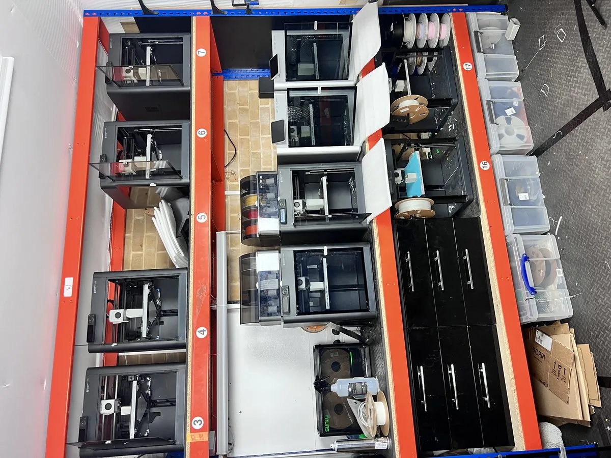 3D Printing Express workshop — printer farm running engineering-grade parts overnight in Bournemouth