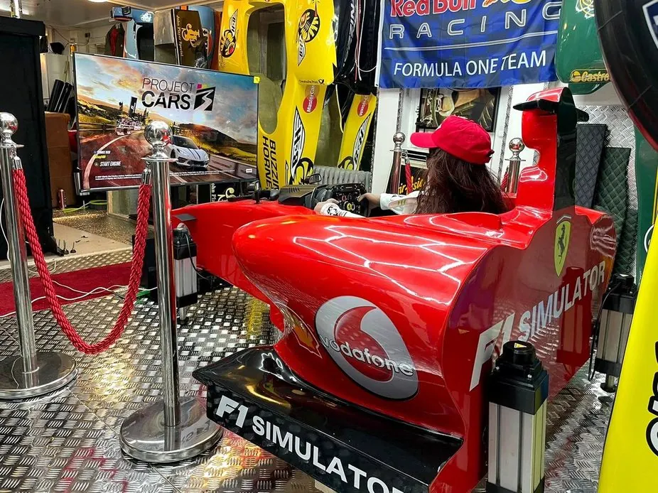 Large-scale F1 simulator hero build · 3D-printed body panels mounted on a simulator rig