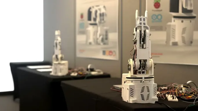 3DPE large-scale build on a stand with printed exterior panels and exposed internal mechanics during on-site assembly