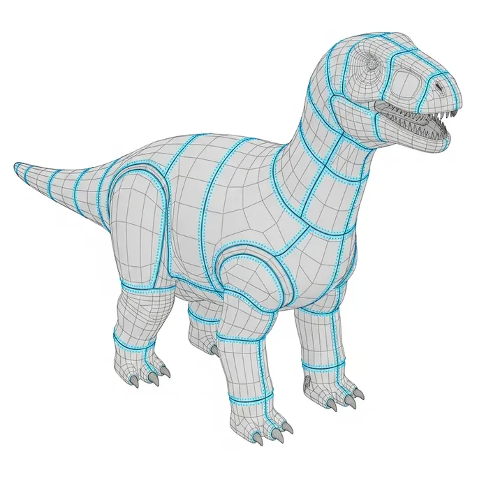 CAD wireframe of a full-body sculpture digitally split into panel modules with cyan dotted seam lines