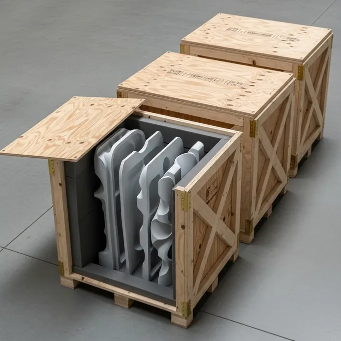 Three rugged plywood shipping crates on a warehouse floor, front crate open showing curved 3D-printed panels nested in foam padding