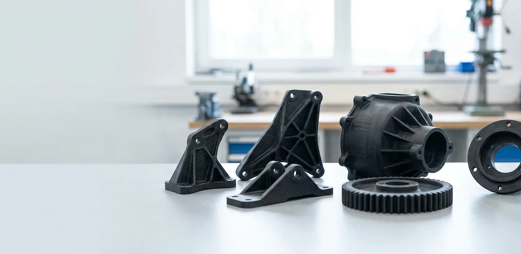 A group of matte-black carbon-fibre 3D printed industrial parts - brackets, a pump housing, a gear and a flange - on a bright workshop bench