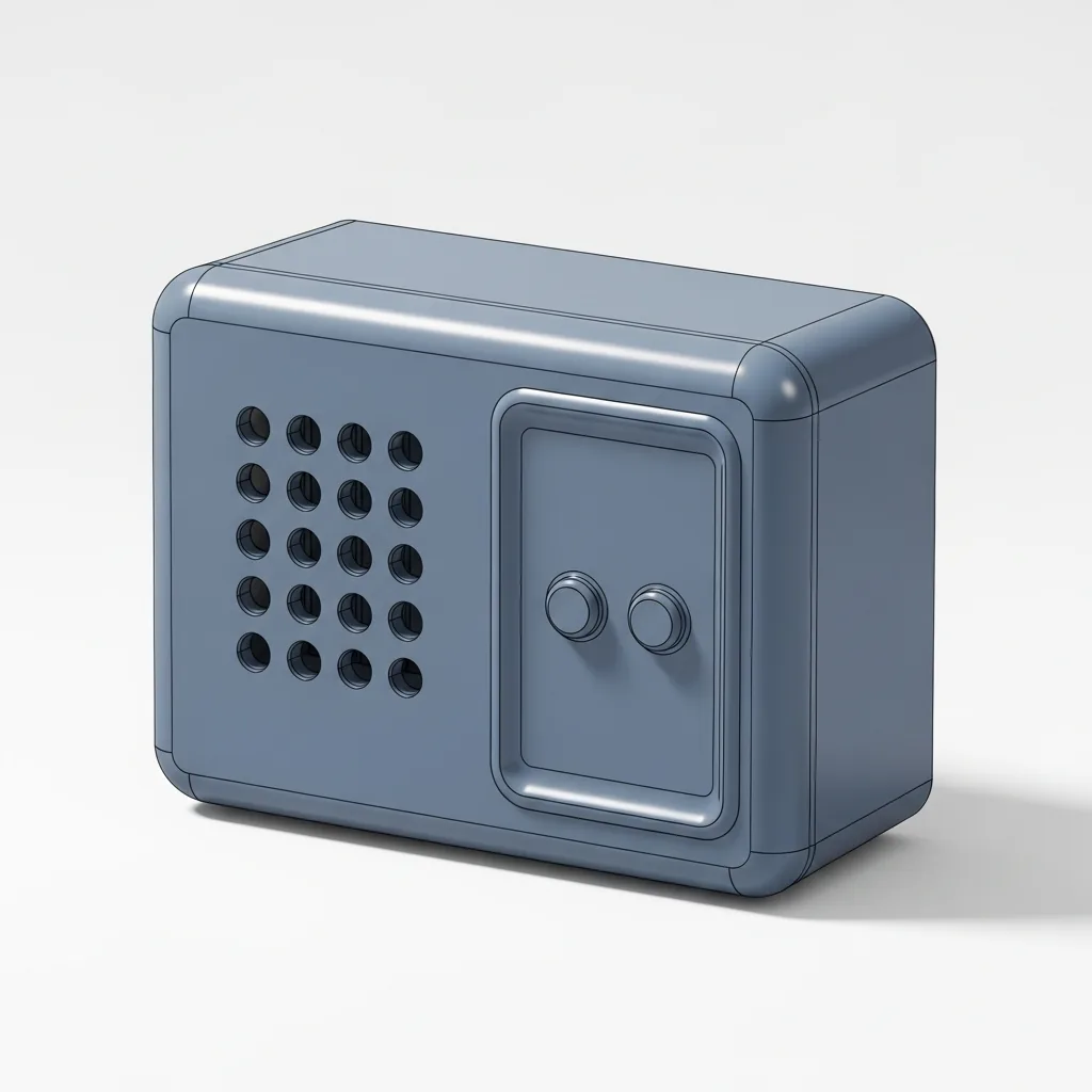 CAD render of the same enclosure modelled in parametric CAD — shaded grey-blue solid with the dot-grid speaker vent and recessed button panel