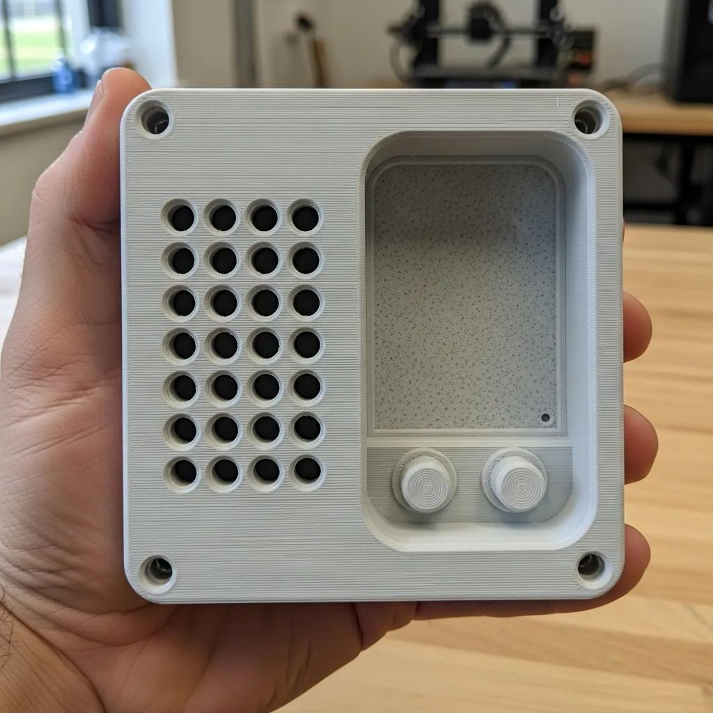 A freshly 3D-printed V1 of the enclosure held in hand at the workshop bench — print layer lines still visible