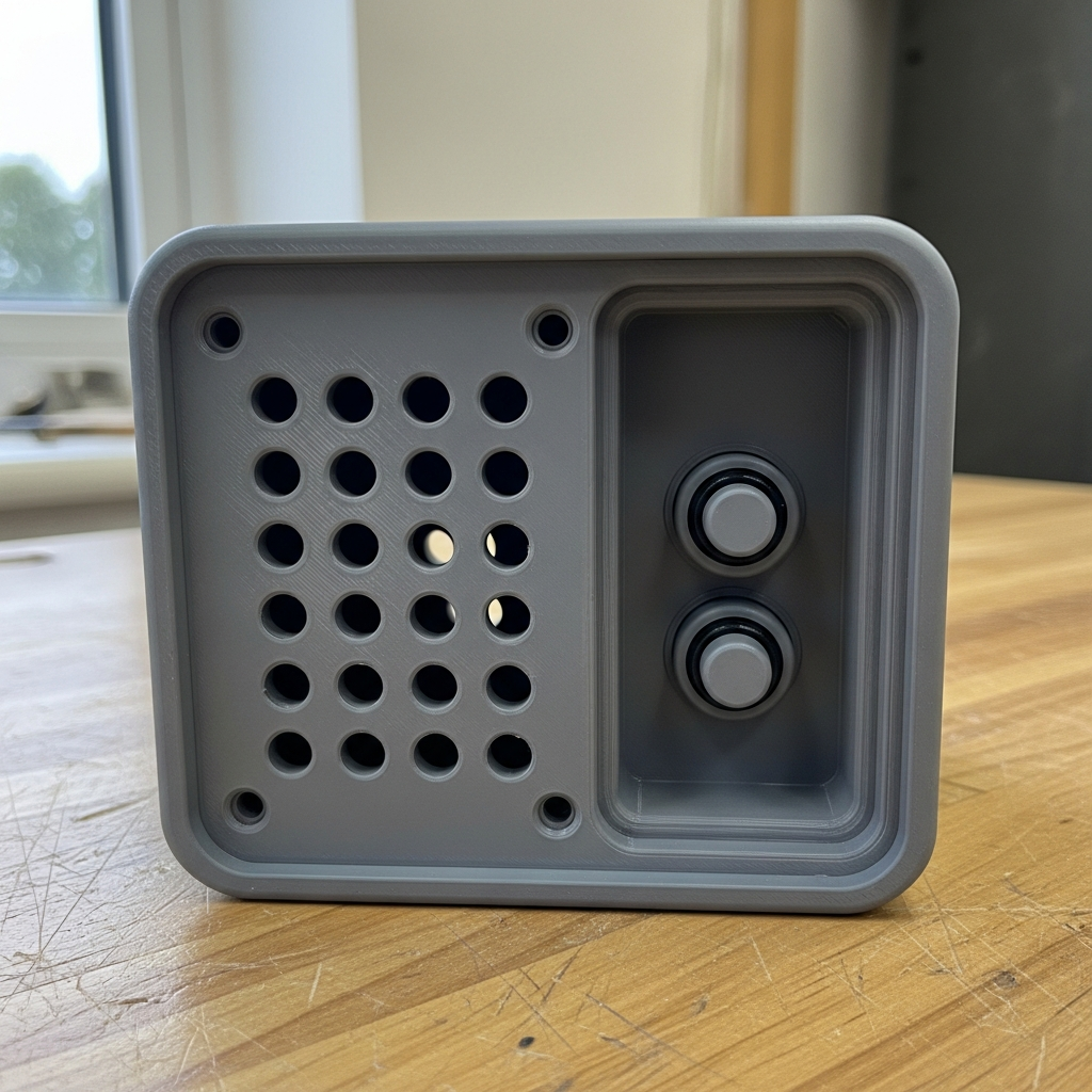 The finished production version of the enclosure, intentionally blurred — most of what we build ships under NDA