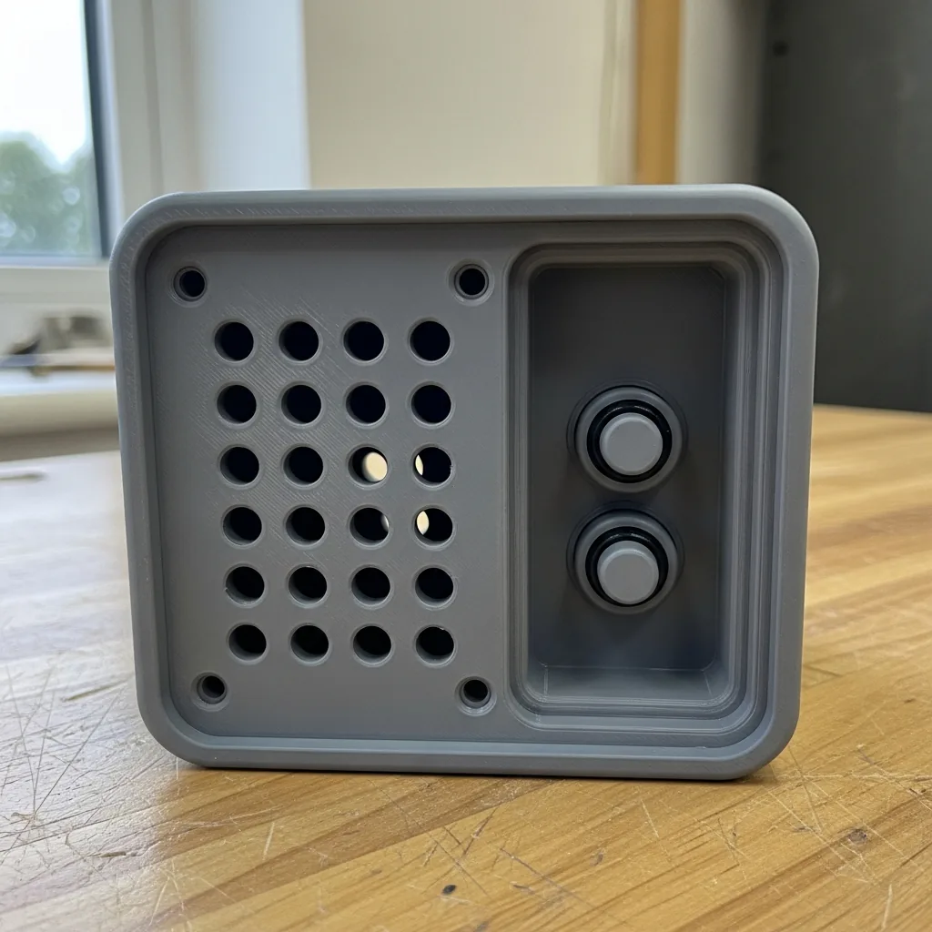 The finished production version of the enclosure, intentionally blurred — most of what we build ships under NDA