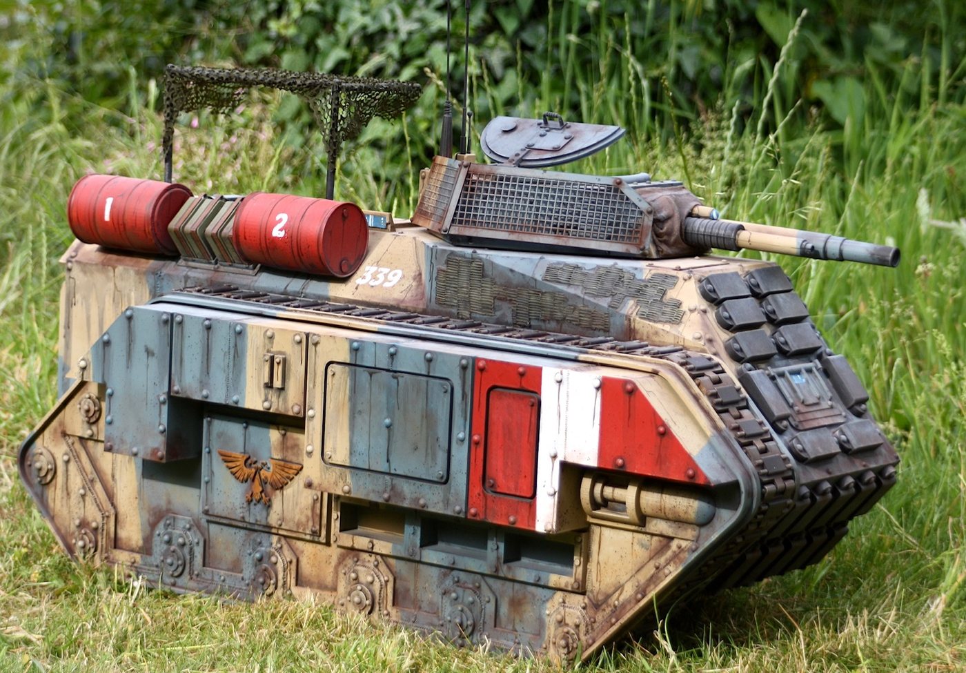 Large-scale 3D-printed tank model, panel-printed and weathered, assembled from kit parts in the 3D Printing Express workshop
