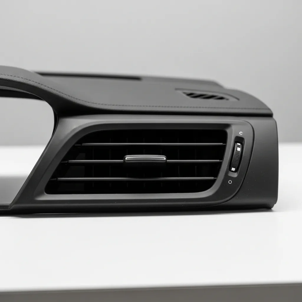 A 3D-printed matte black ABS automotive dashboard air-vent trim part on a clean bench