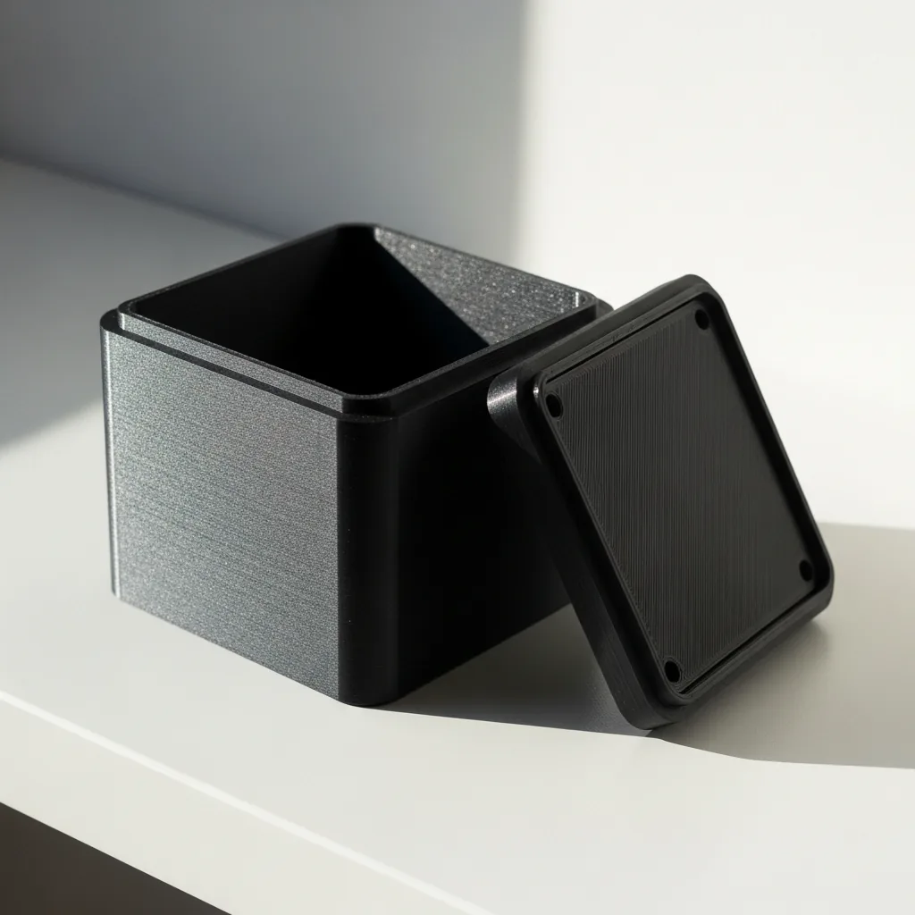 A 3D-printed black ABS electronics enclosure box with a removable lid on a clean bench