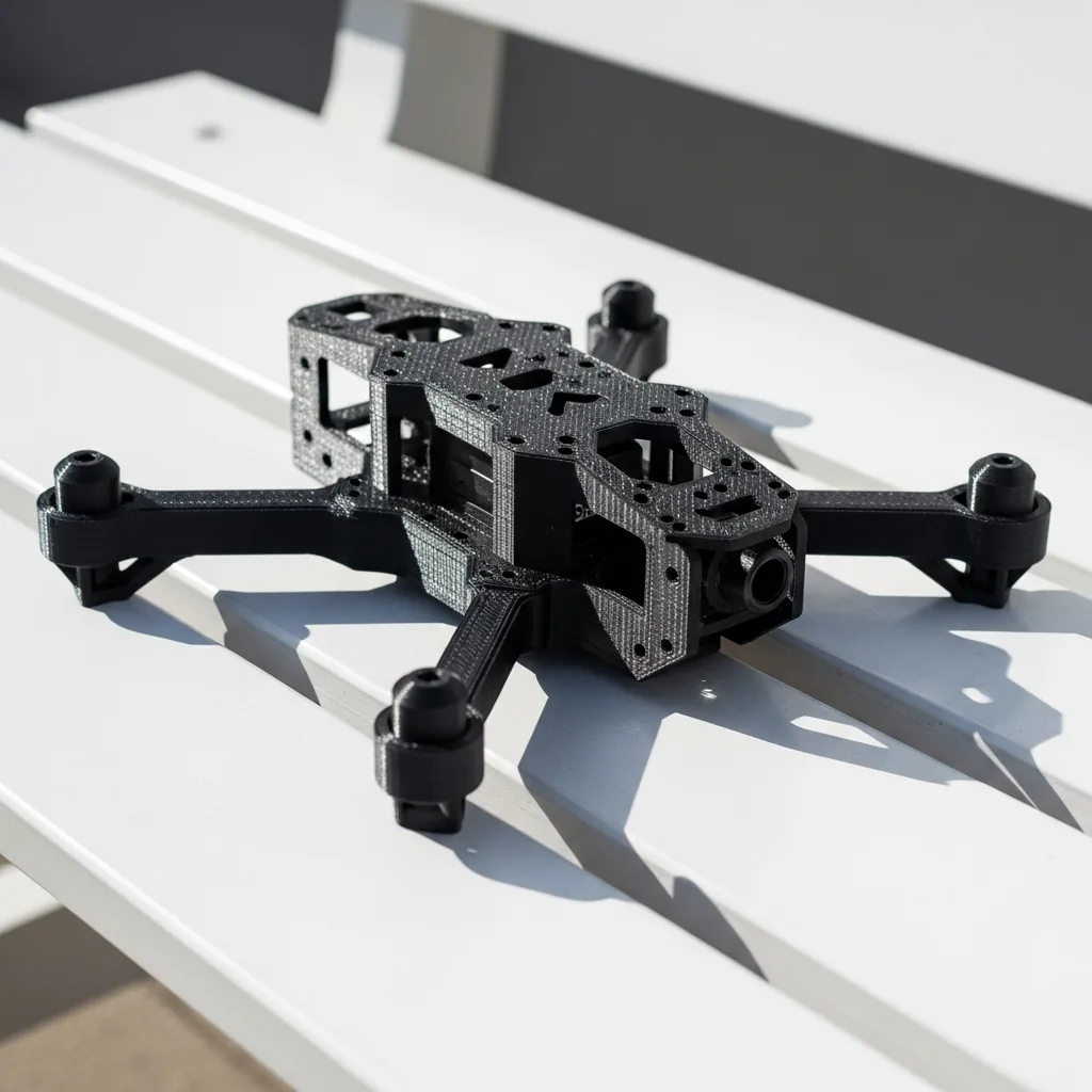 A 3D-printed black ABS quadcopter drone frame chassis on a clean bench
