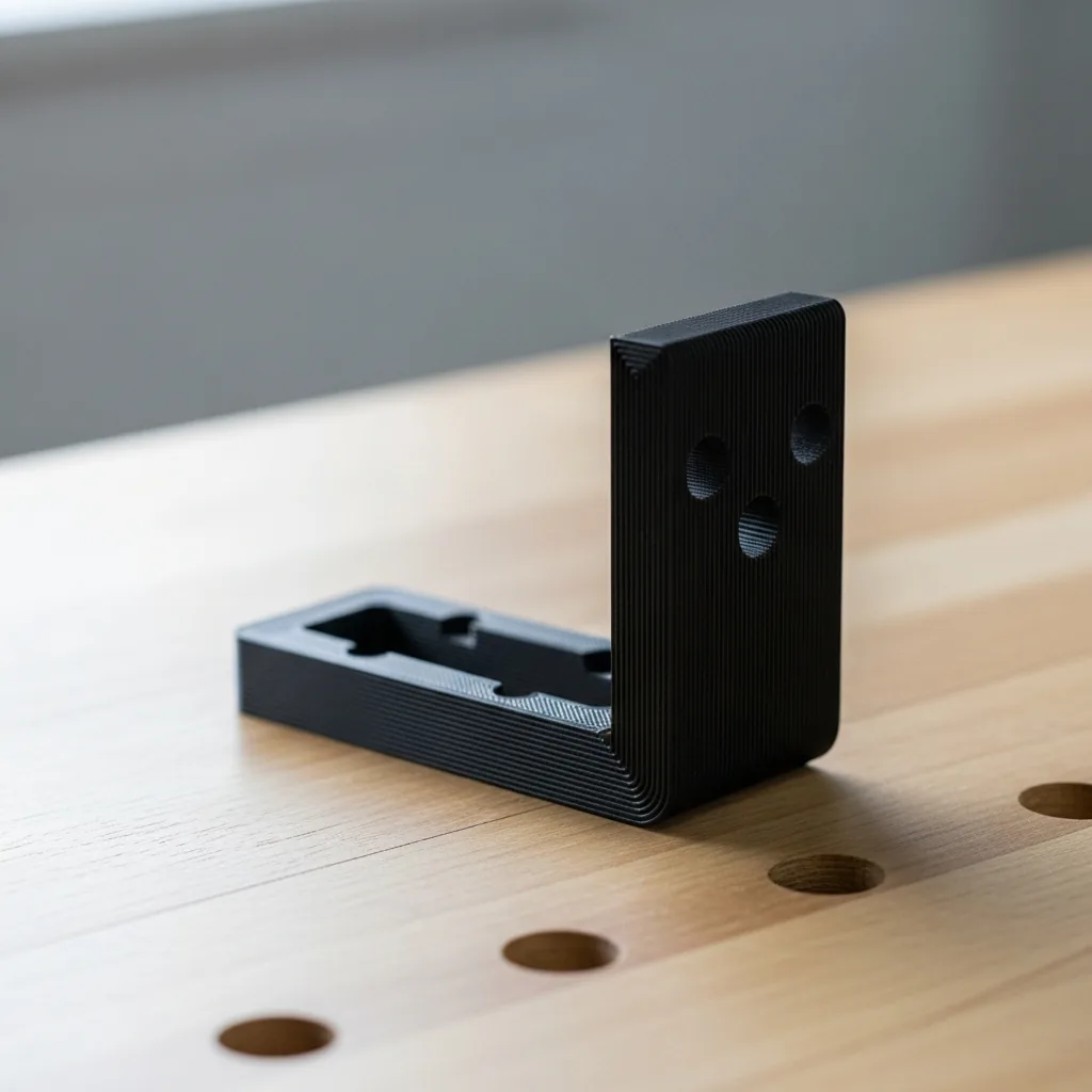 A 3D-printed black ABS workshop jig and fixture bracket on a workbench