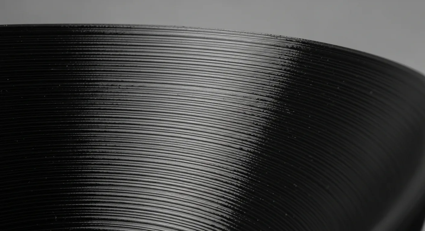 Extreme macro of the wall of a glossy black 3D-printed ABS part showing faint layer lines and a smooth acetone-smoothed sheen