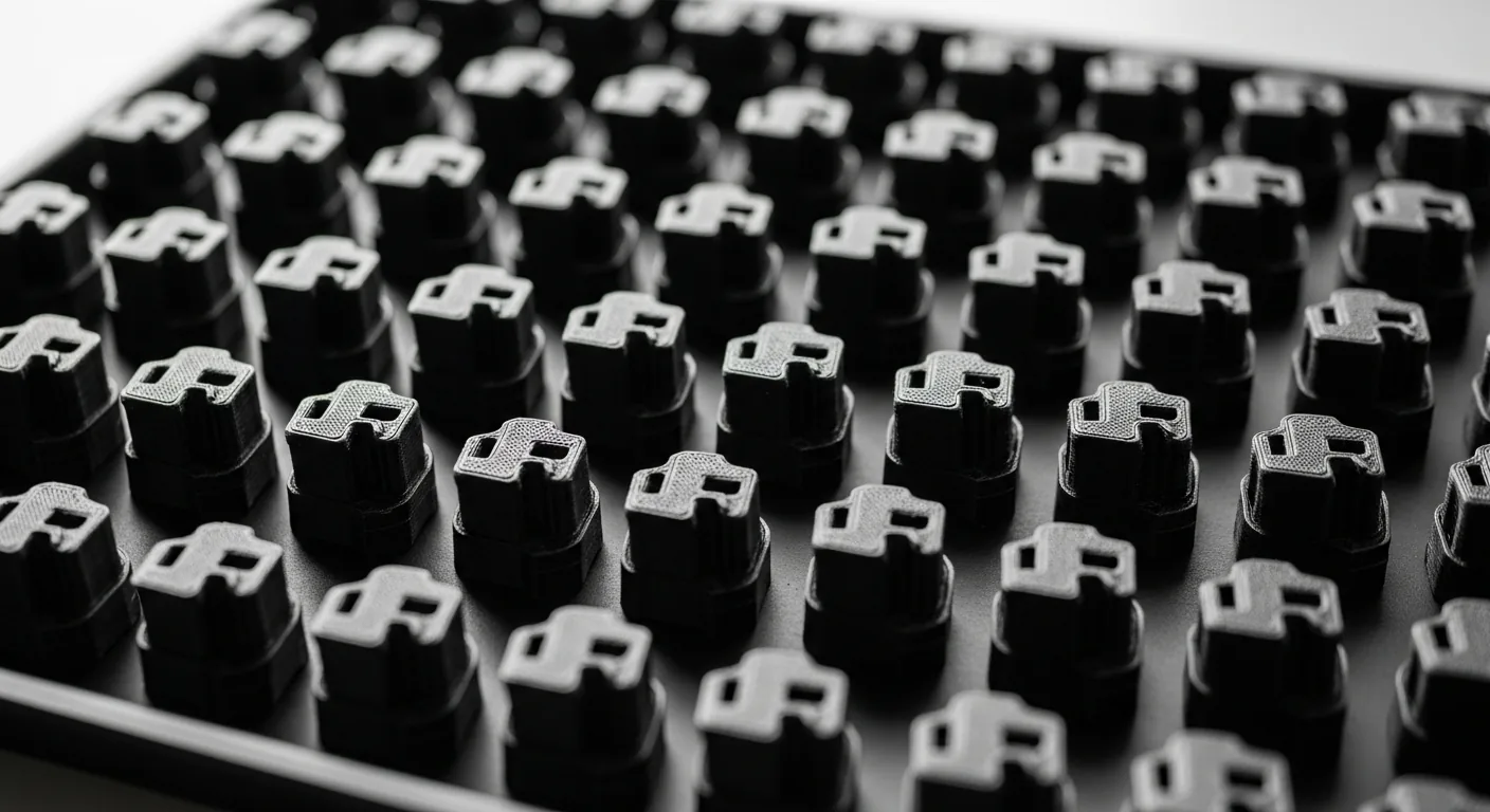 A neat tray of identical small black 3D-printed ABS parts