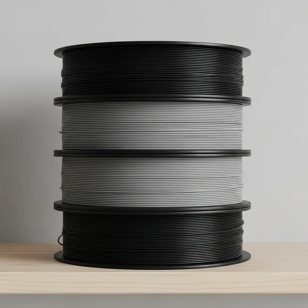 A stack of black and grey ABS filament spools on a shelf