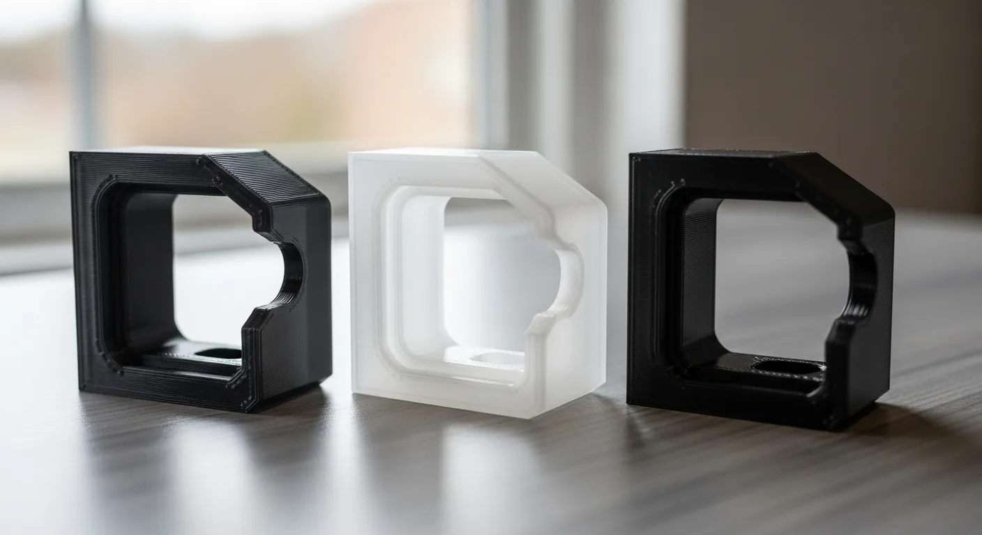 Three identical 3D-printed brackets shown to compare ABS