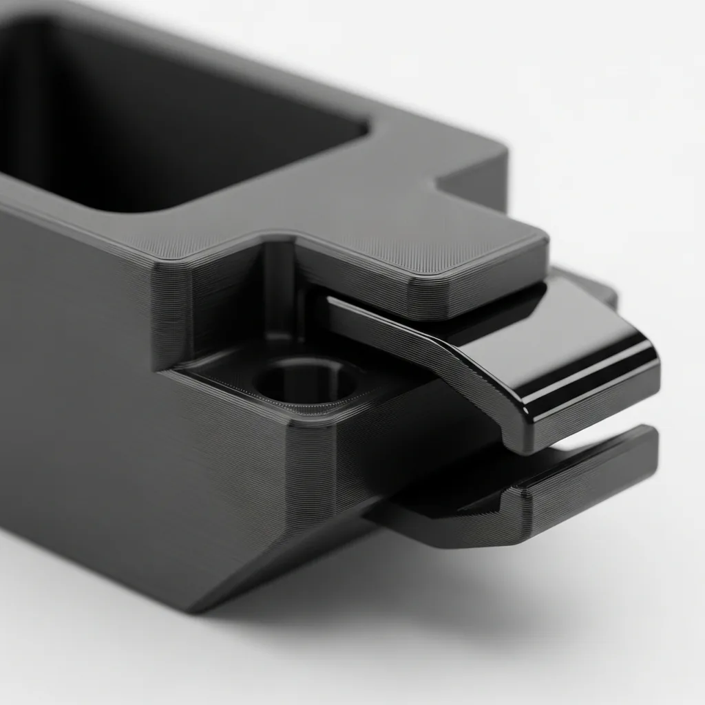 A single glossy black 3D-printed ABS functional part with a snap-fit clip