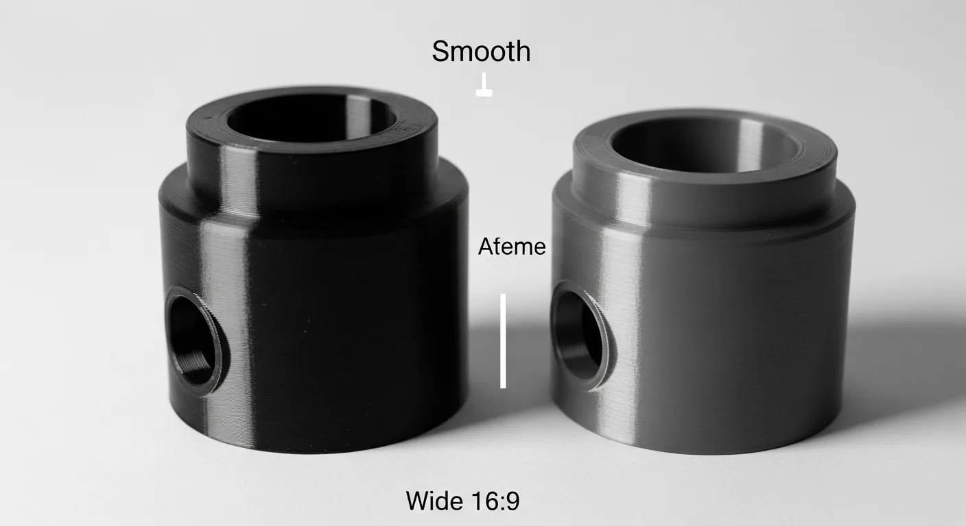 A glossy smooth black 3D-printed ABS part beside a matte unfinished one showing the acetone-smoothing difference