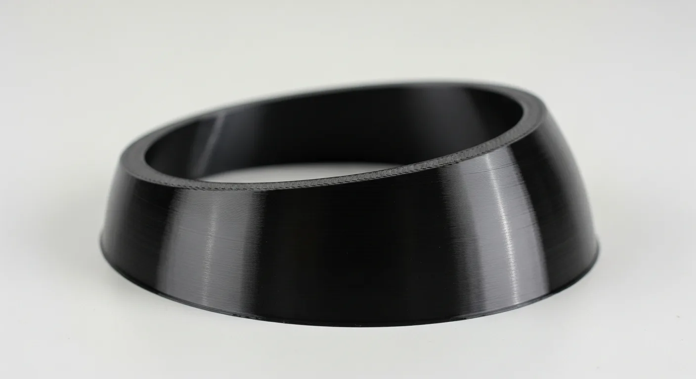 Macro photo of a glossy acetone-smoothed black 3D-printed ABS part on a clean light bench showing its smooth shiny finish