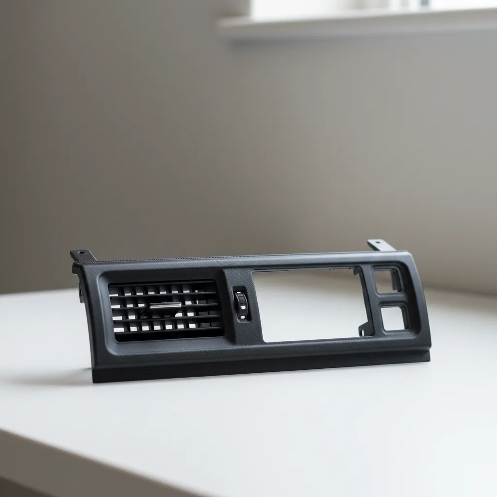 A 3D-printed black PC-ABS automotive dashboard vent and switch trim part