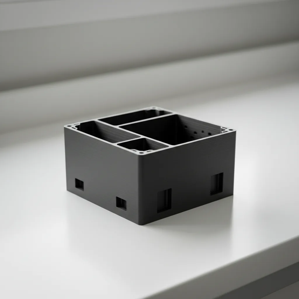 A 3D-printed black PC-ABS power-supply housing for warm electronics