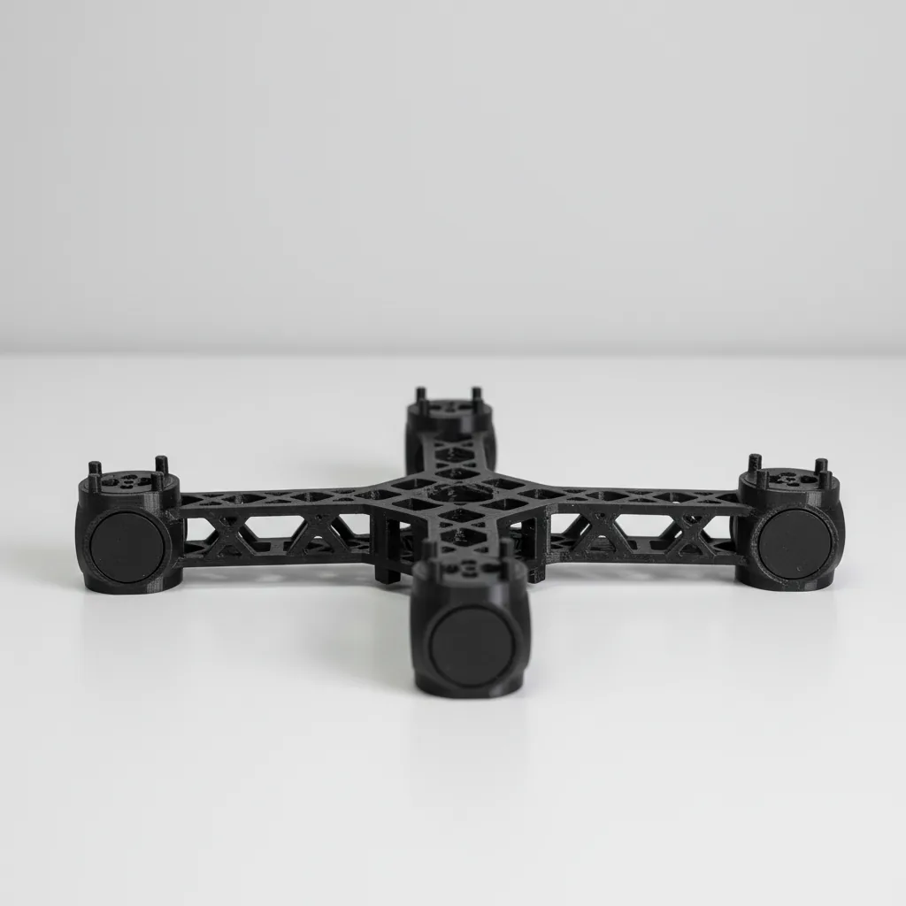 A 3D-printed black PC-ABS professional drone airframe and motor mount