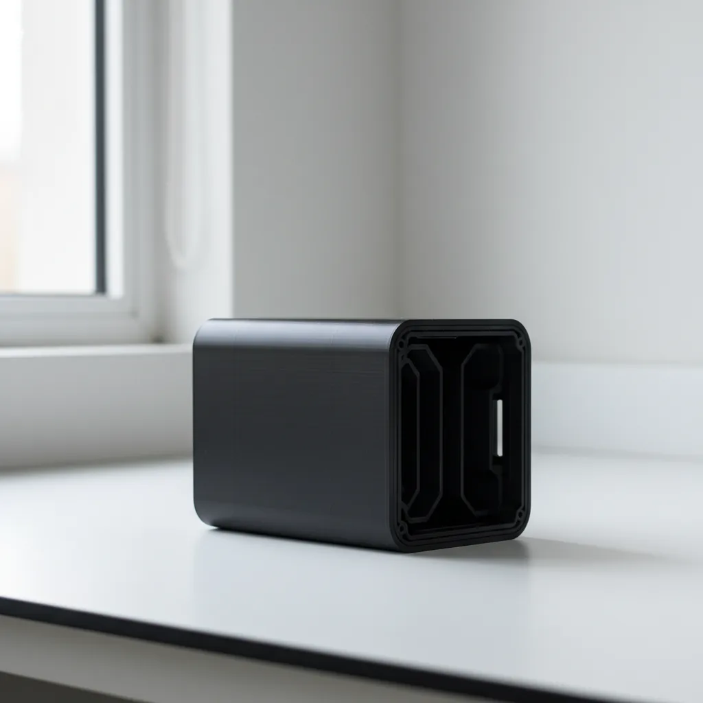 A 3D-printed black PC-ABS warm-electronics enclosure