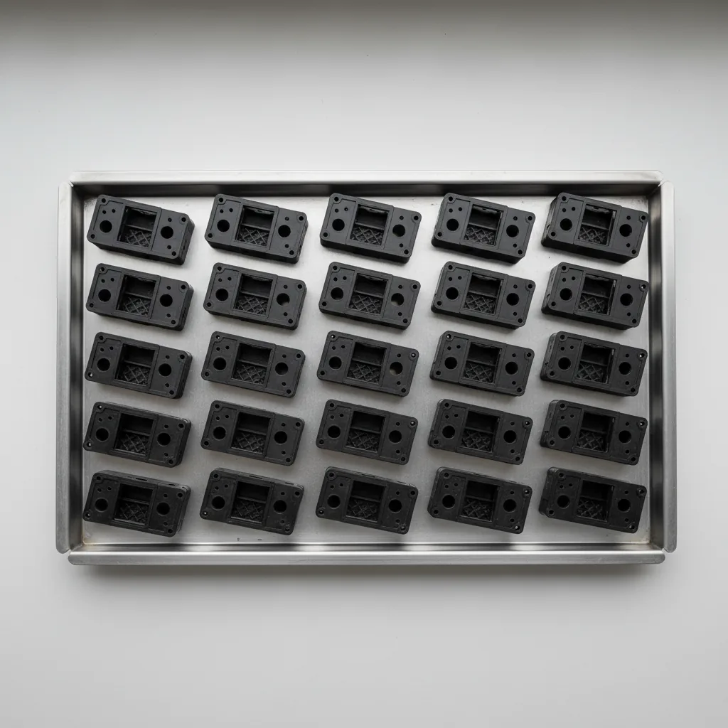 A neat tray of identical black 3D-printed PC-ABS parts