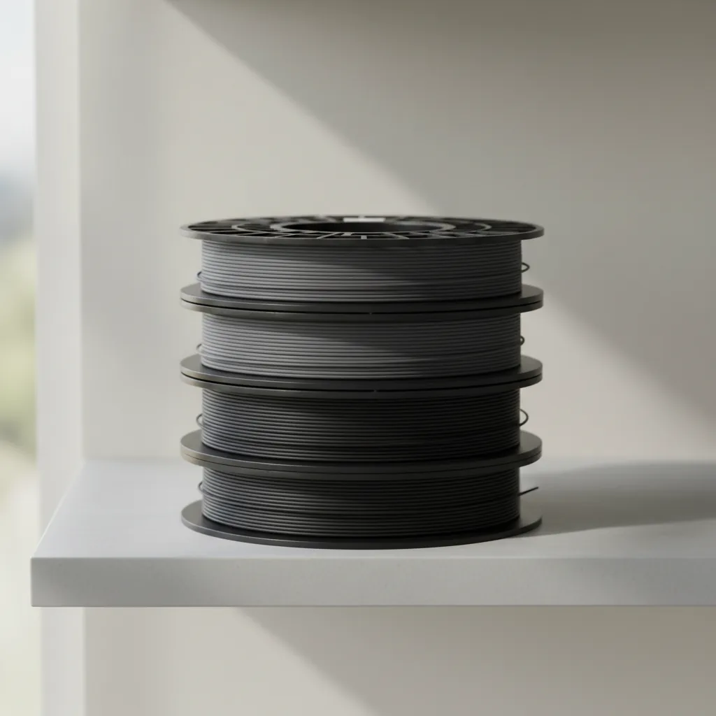 A stack of black and grey PC-ABS filament spools on a shelf