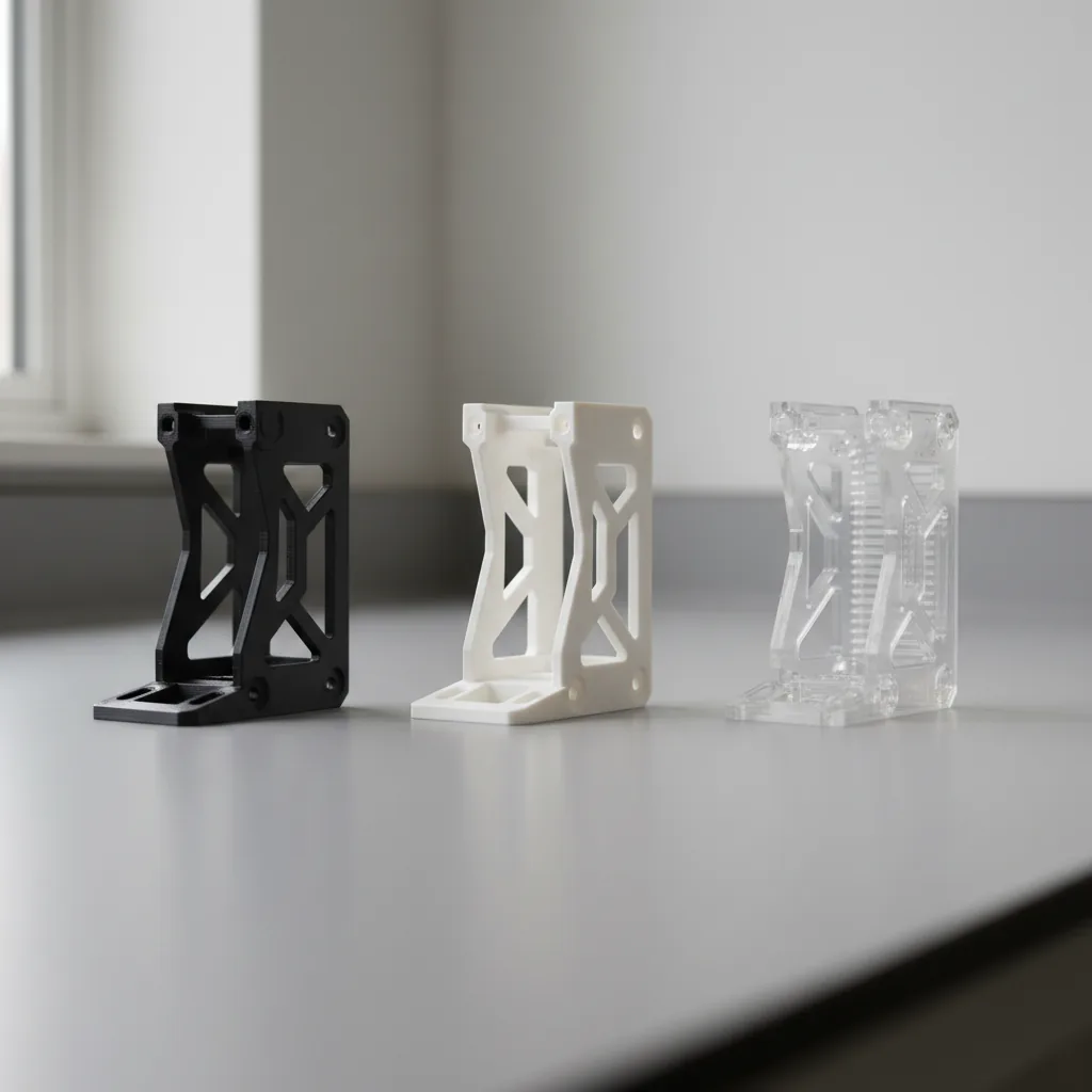 Three identical 3D-printed brackets to compare PC-ABS