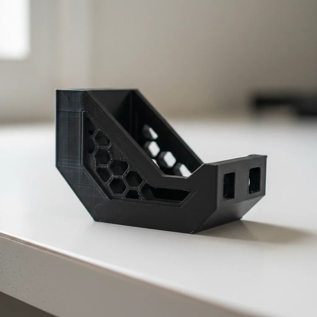 Macro photo of a 3D-printed PC-ABS (polycarbonate-ABS blend) engineering part with a smooth semi-matte black finish and visible layer lines