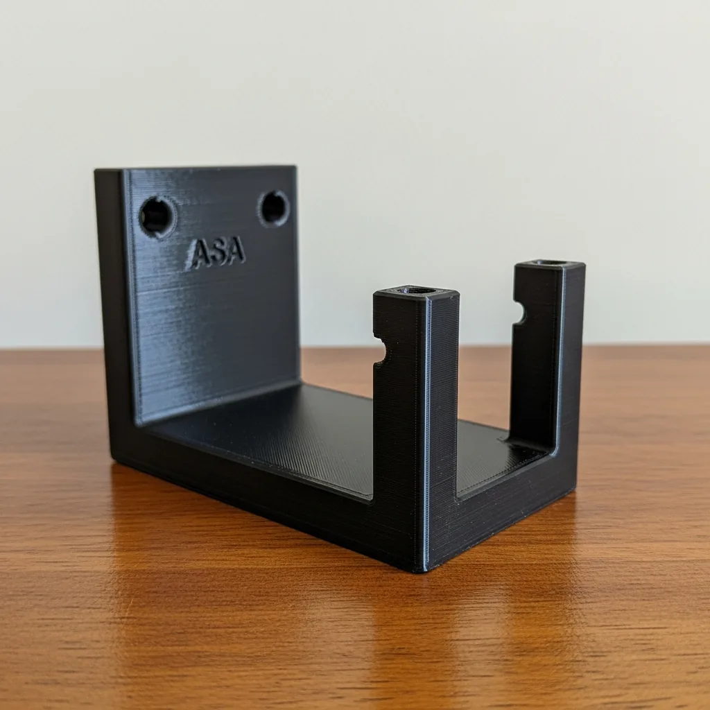 A 3D-printed matte black ASA outdoor wayfinding signage bracket and holder on a clean bench