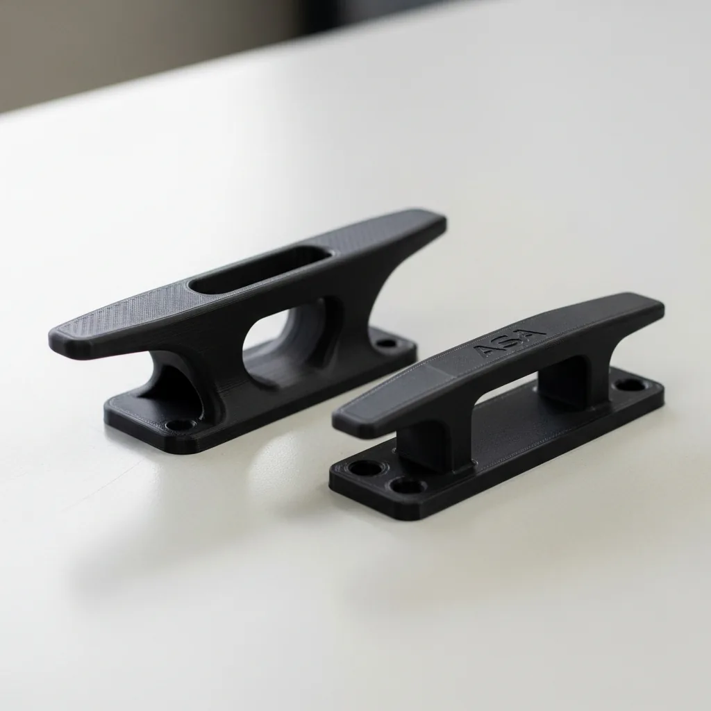 A 3D-printed black ASA marine boat cleat and hatch fitting on a clean bench