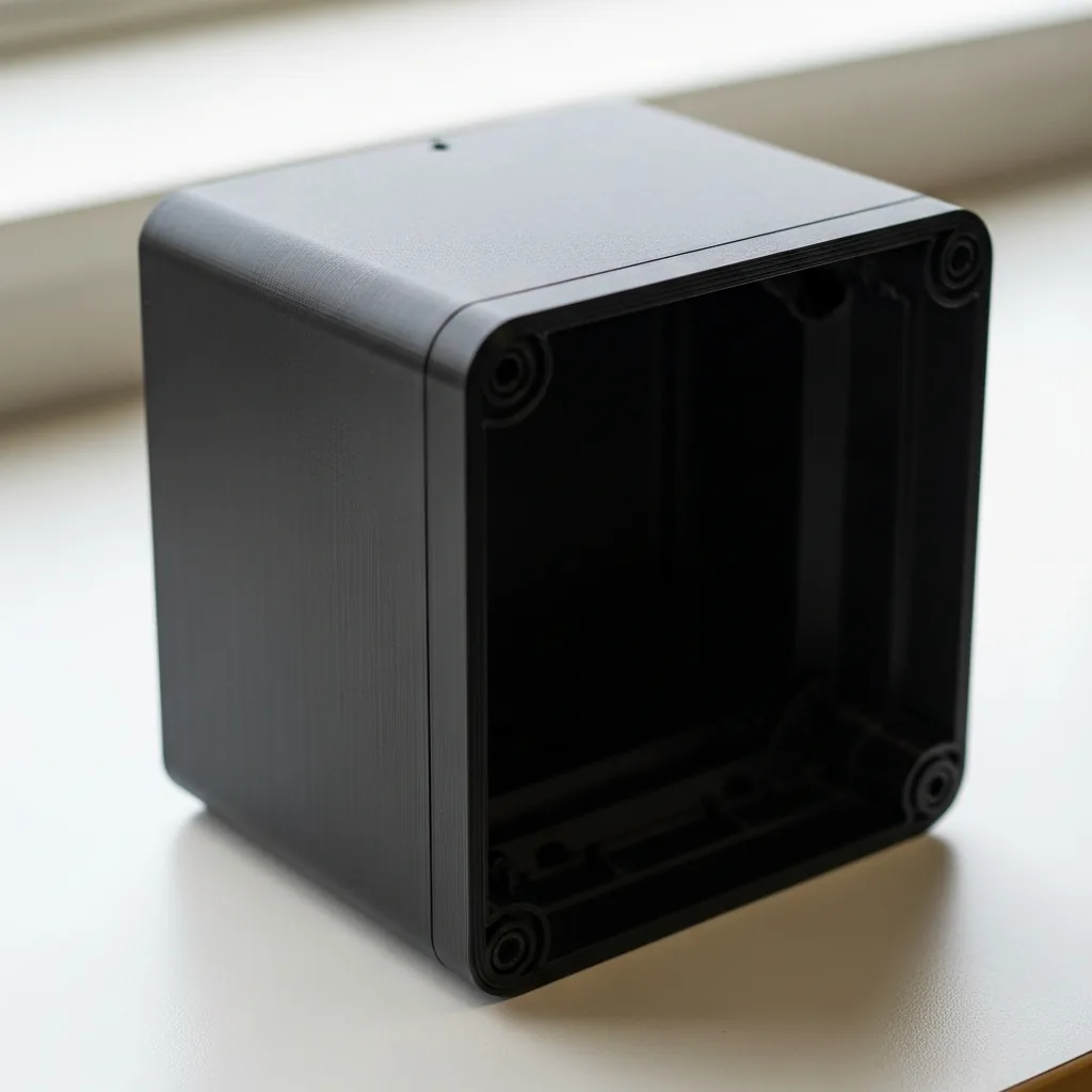 A 3D-printed black ASA weatherproof outdoor enclosure for exterior lighting electronics on a clean bench