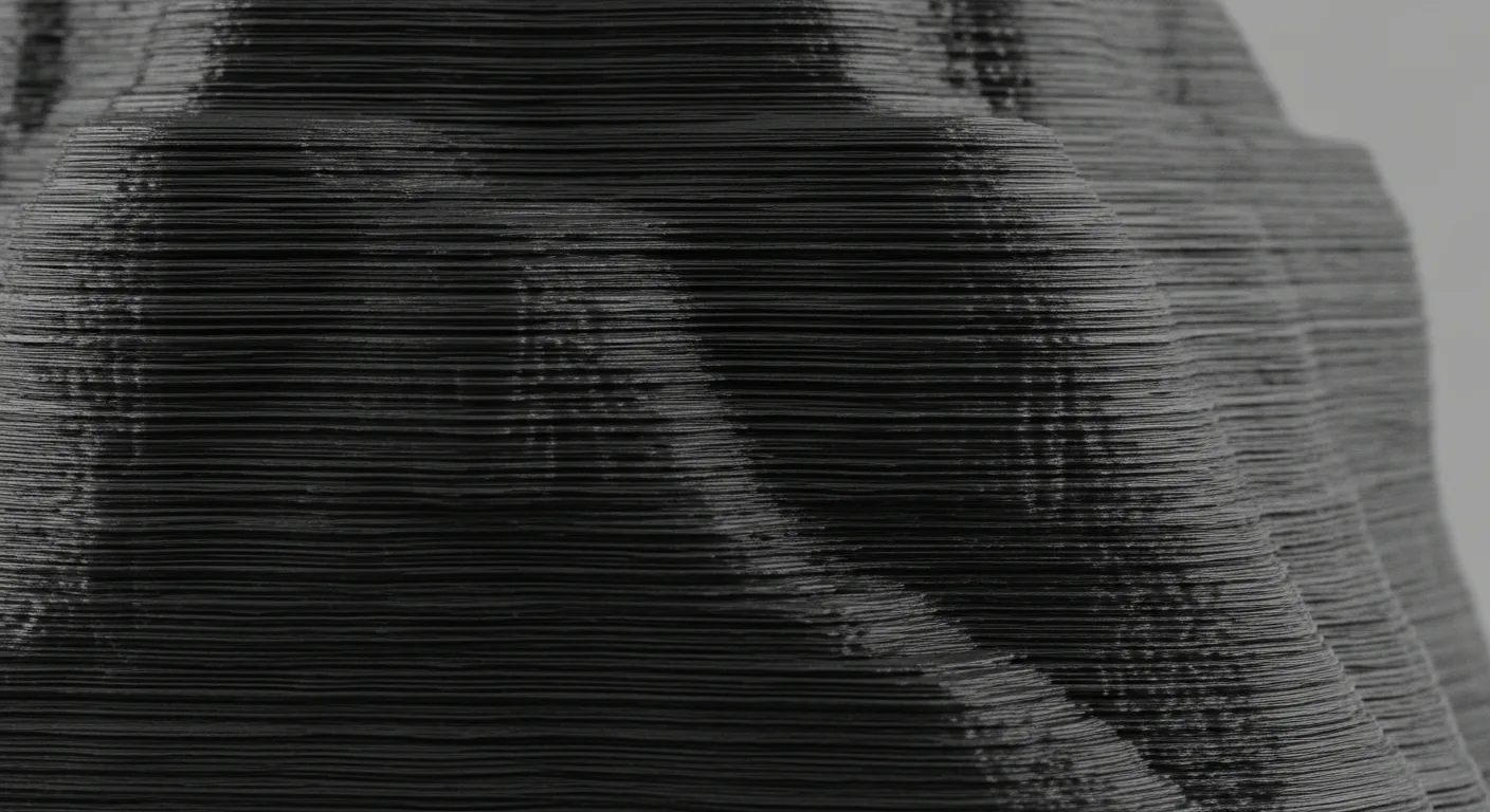 Extreme macro of the wall of a matte black 3D-printed ASA part showing fine regular layer lines and a UV-stable matte surface